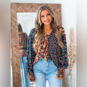 Umgee Navy Floral Patchwork Blouse with Orange Accents